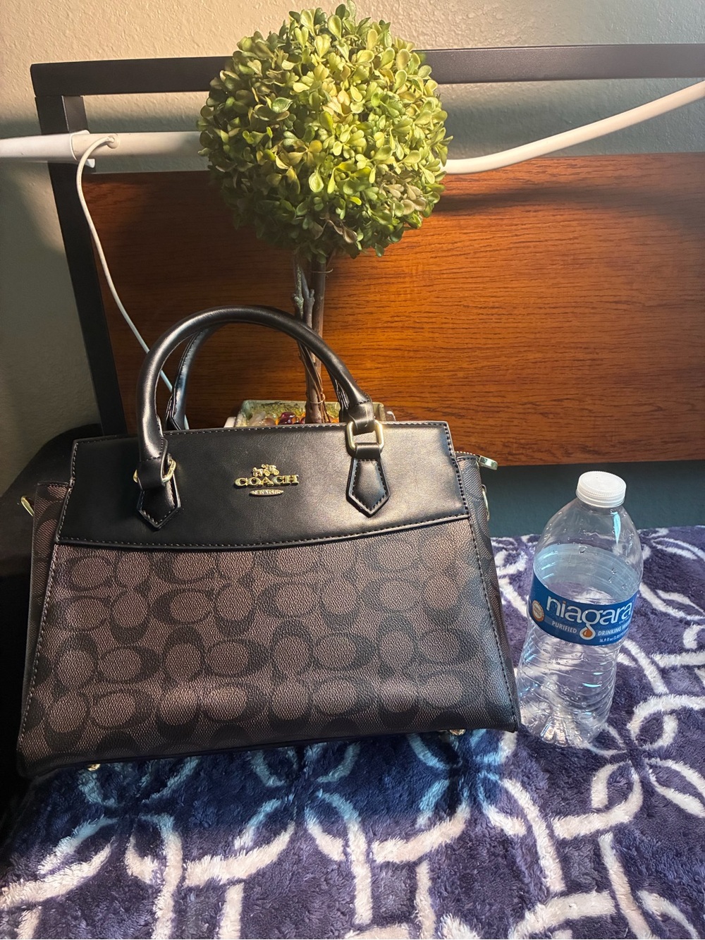 Coach Brown Signature Canvas Satchel with Black Trim